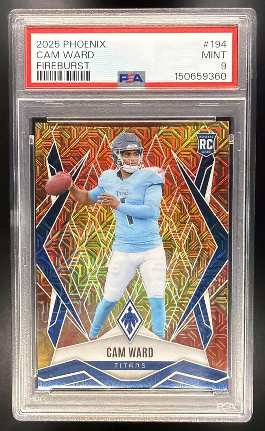 CAM WARD 2025 PANINI PHOENIX #194 FIRE BURST PRIZM 45/350 RC TITANS PSA 9