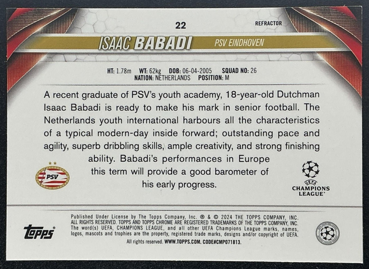 2023 Topps Chrome UEFA Club Competitions Isaac Babadi #22 Refractor RC