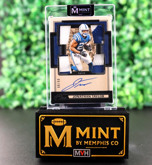 JONATHAN TAYLOR 2024 PANINI ONE ON CARD AUTO QUAD PATCH BOOKEND 99/99 SP COLTS