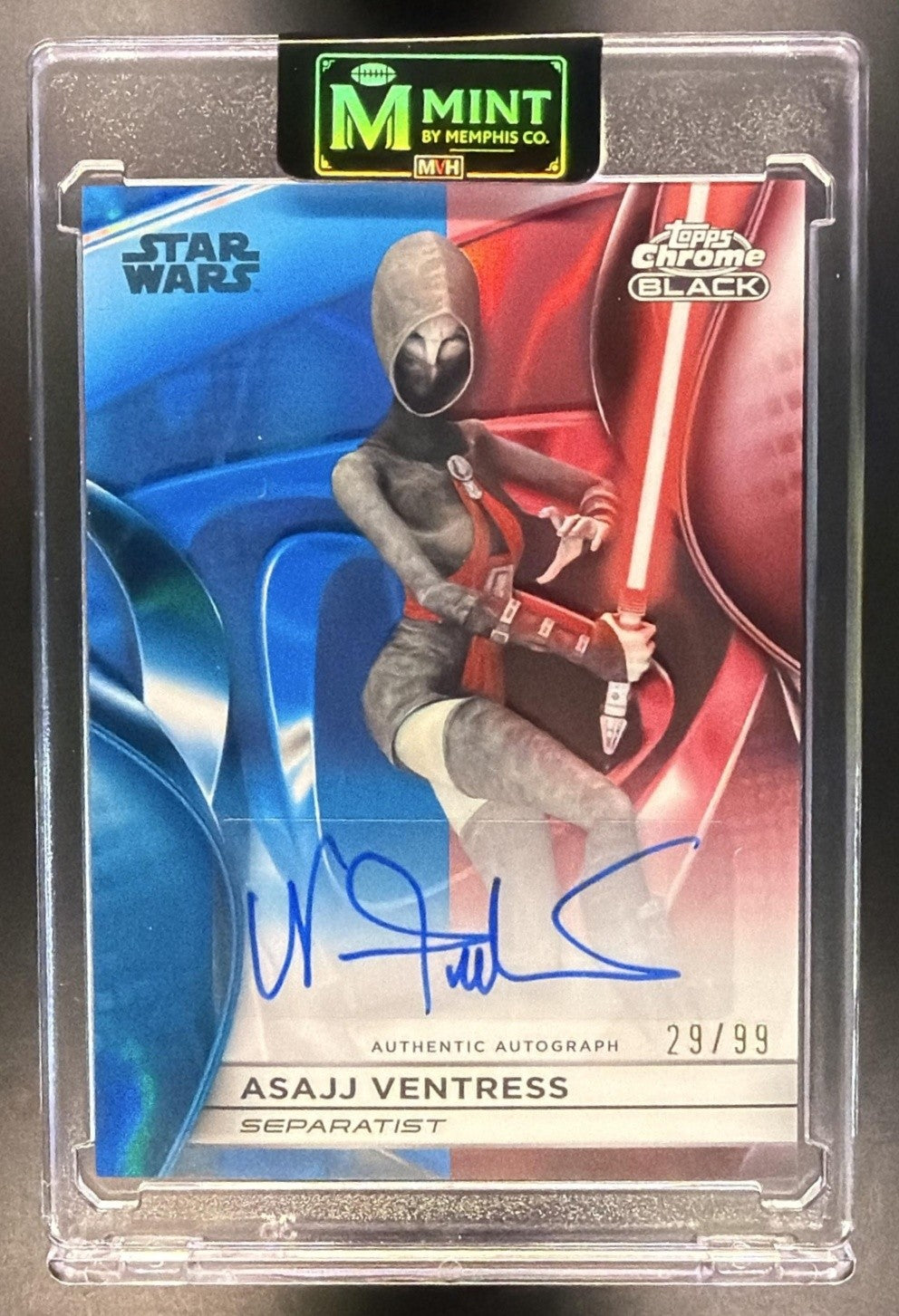 2025 Topps Star Wars Outpost Asajj Ventress Chrome Black Auto Blue/Red Lava /99