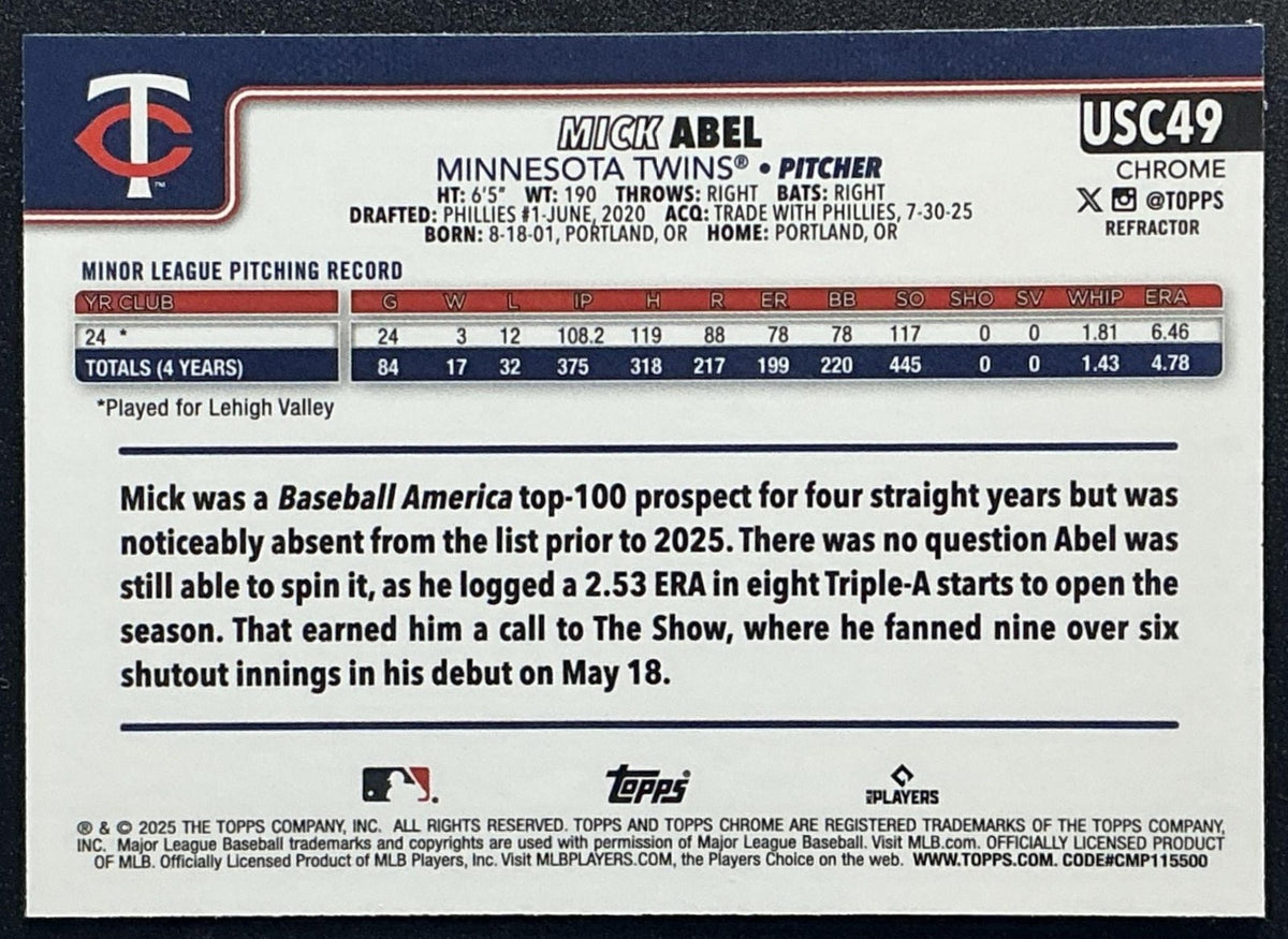 MICK ABEL 2025 TOPPS CHROME UPDATE #USC49 REFRACTOR RC TWINS