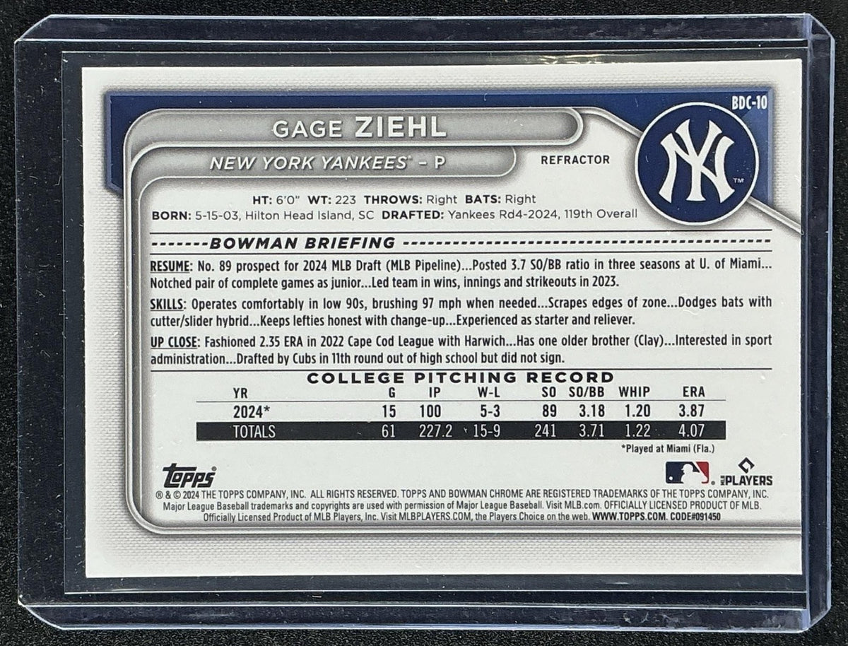 GAGE ZIEHL 2024 BOWMAN DRAFT #BDC-10 CHROME REFRACTOR 1ST PROSPECT YANKEES