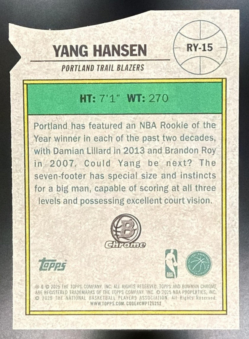 YANG HANSEN 2025-26 BOWMAN #RY-15 ROY FAVORITES CHROME RC TRAIL BLAZERS