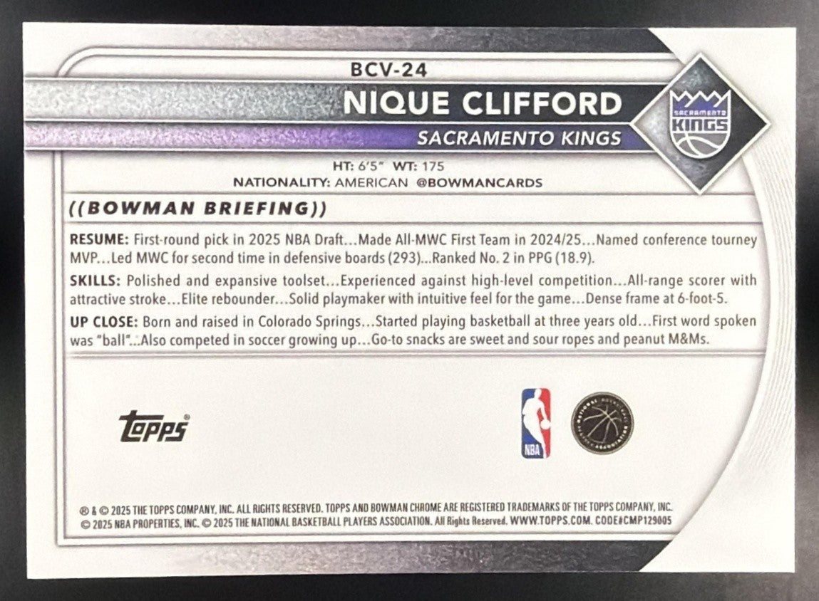 NIQUE CLIFFORD 2025-26 BOWMAN #BCV-24 CHROME RC KINGS