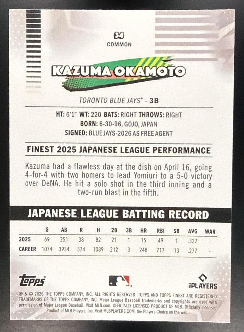 KAZUMA OKAMOTO 2026 TOPPS FINEST #34 RC BLUE JAYS