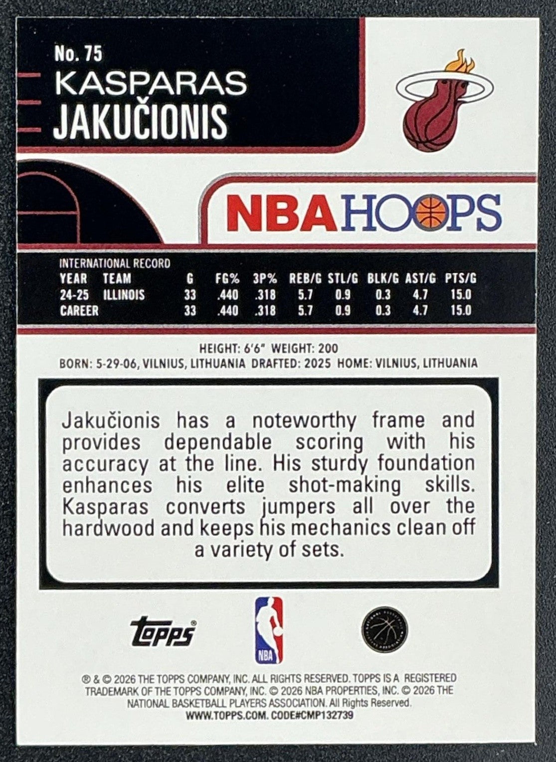 KASPARAS JAKUCIONIS 2025-26 TOPPS HOOPS #75 RC HEAT