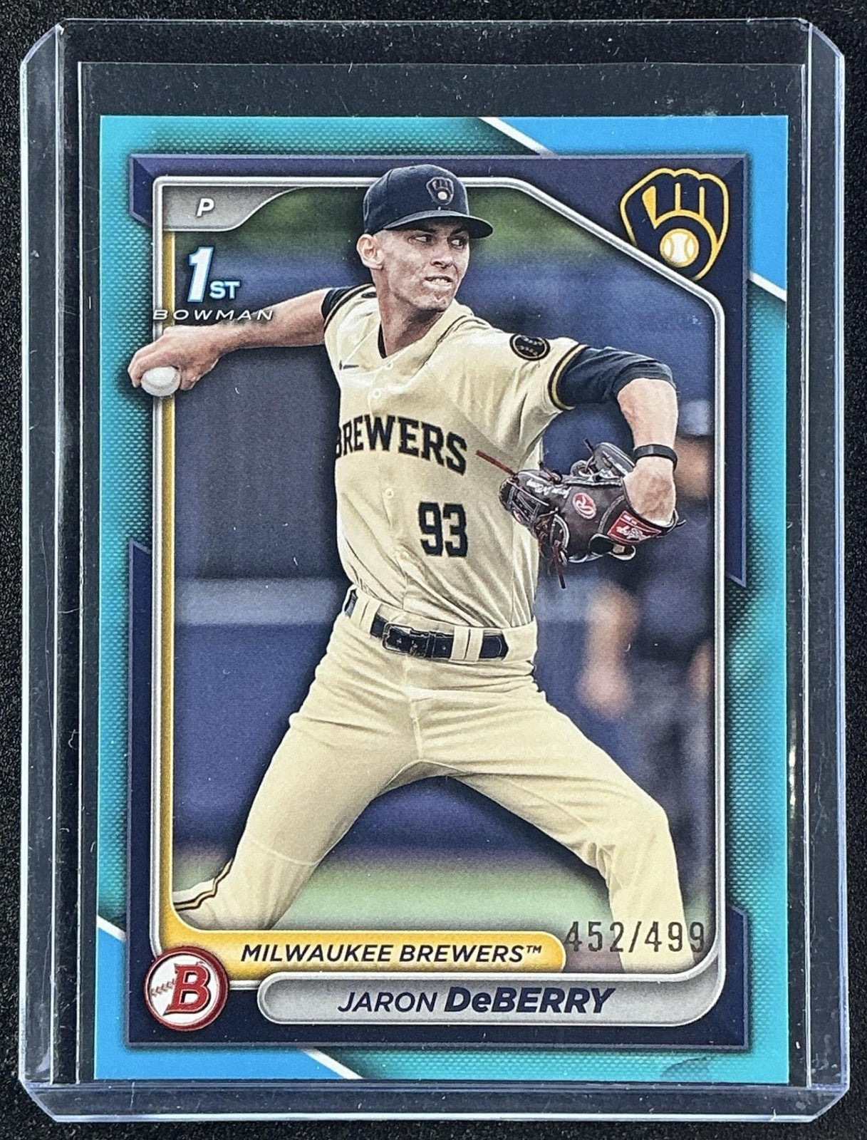 JARON DEBERRY 2024 BOWMAN DRAFT #BD-6 SKY BLUE 452/499 1ST PROSPECT BREWERS
