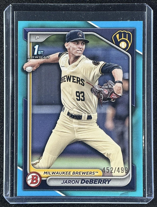 JARON DEBERRY 2024 BOWMAN DRAFT #BD-6 SKY BLUE 452/499 1ST PROSPECT BREWERS