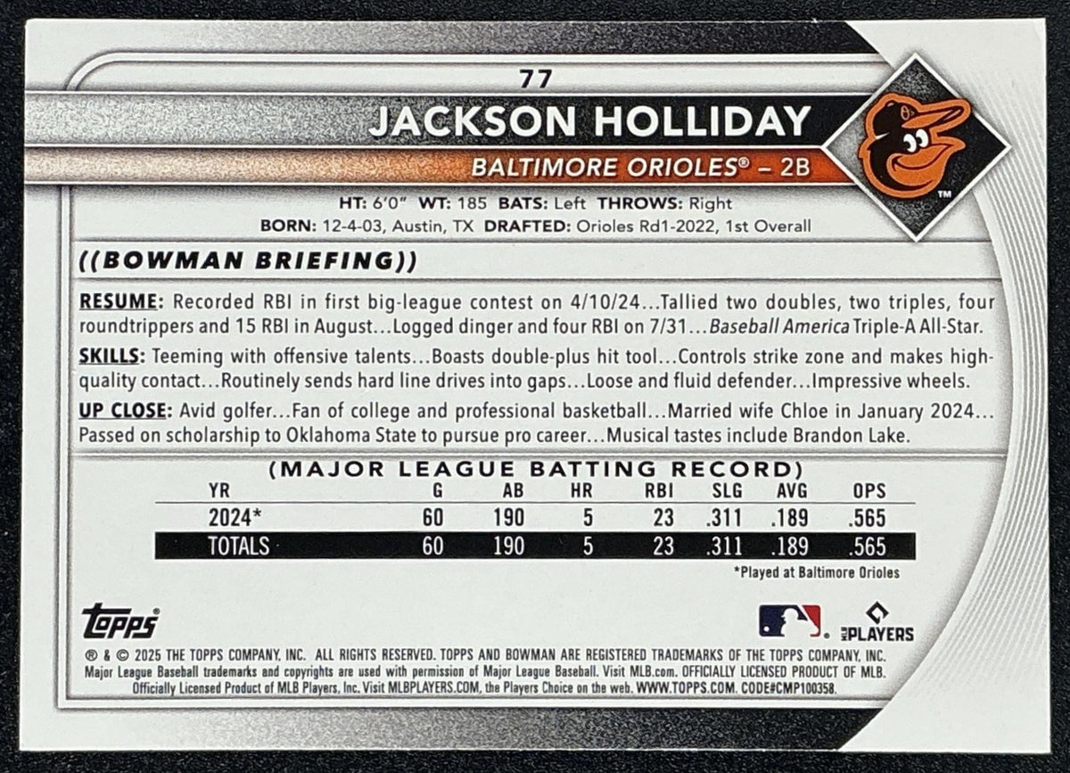 JACKSON HOLLIDAY 2025 BOWMAN #77 ORIOLES