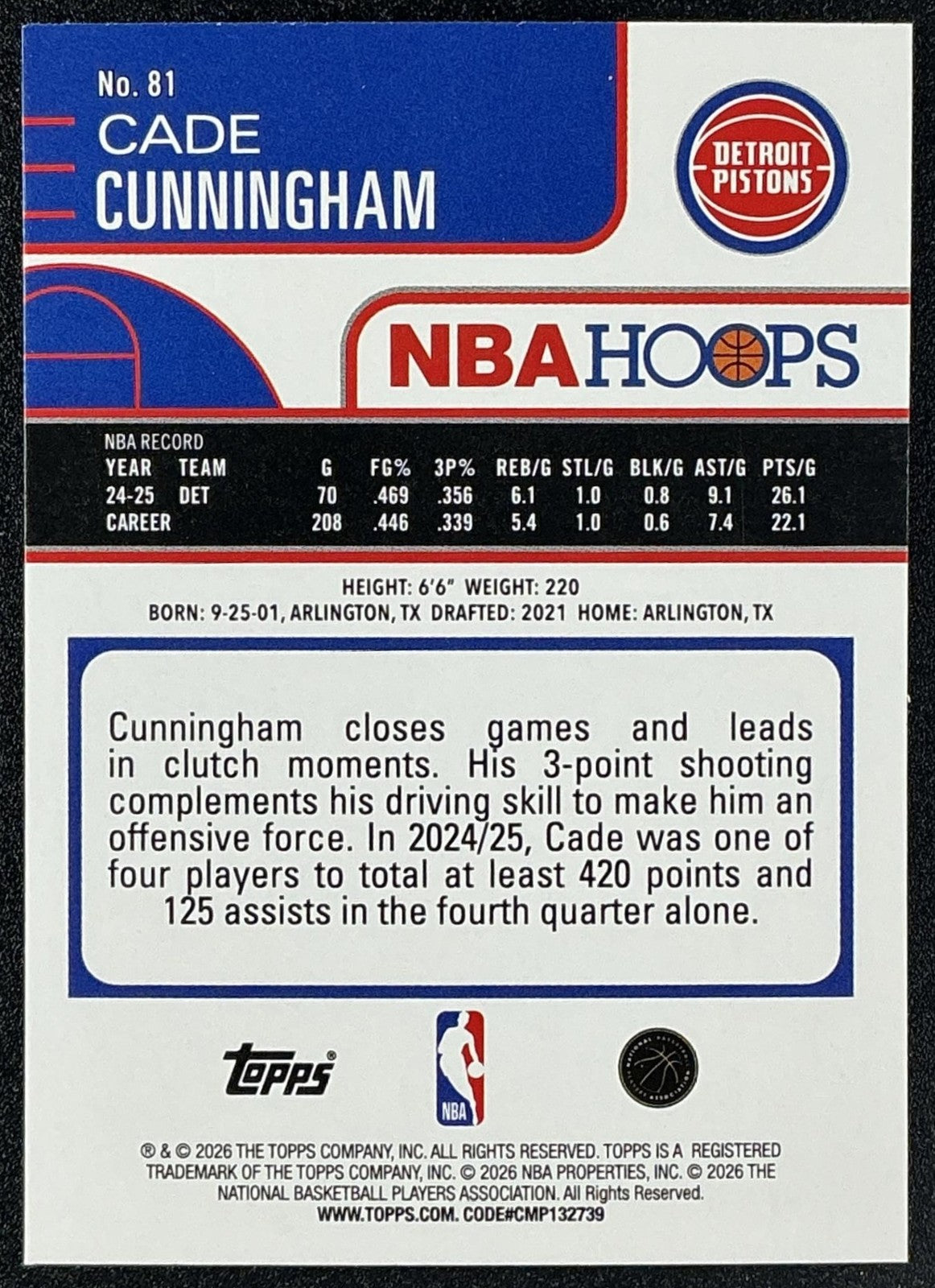 CADE CUNNINGHAM 2025-26 TOPPS HOOPS #81 PIXEL BURST PISTONS
