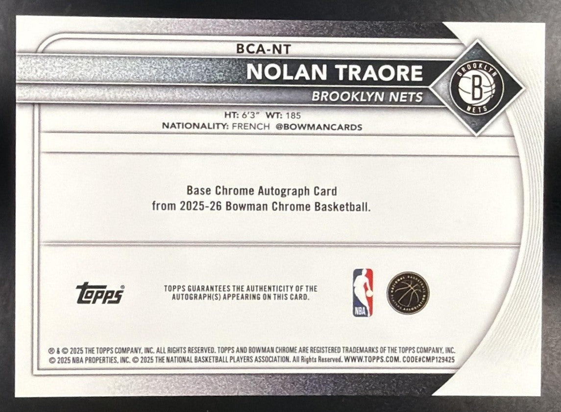 NOLAN TRAORE 2025-26 BOWMAN #BCA-NT CHROME AUTO PURPLE REFRACTOR 94/250 RC NETS