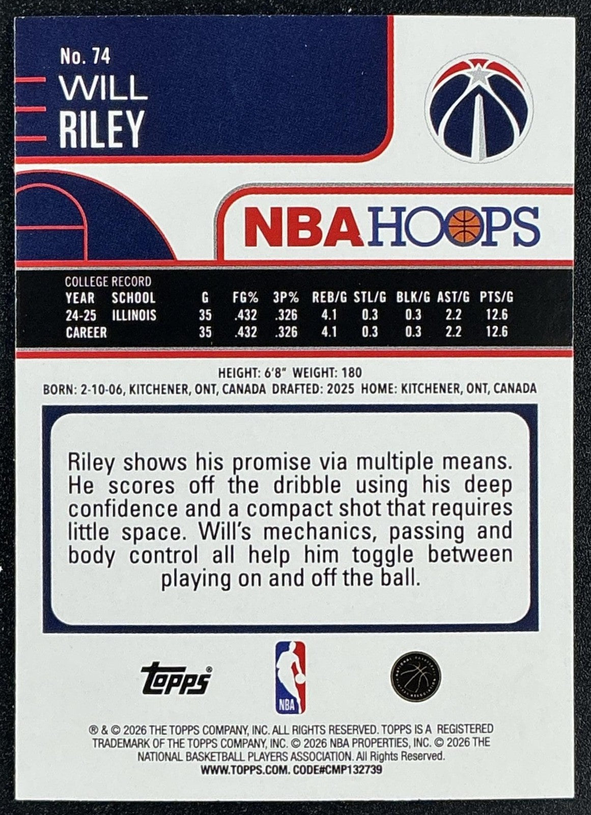 WILL RILEY 2025-26 TOPPS HOOPS #74 RC WIZARDS