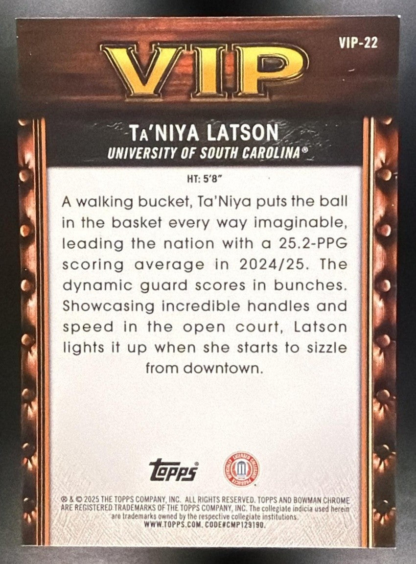 TA'NIYA LATSON 2025-26 BOWMAN #VIP-22 CHROME VERY IMPORTANT PROSPECTS GAMECOCKS