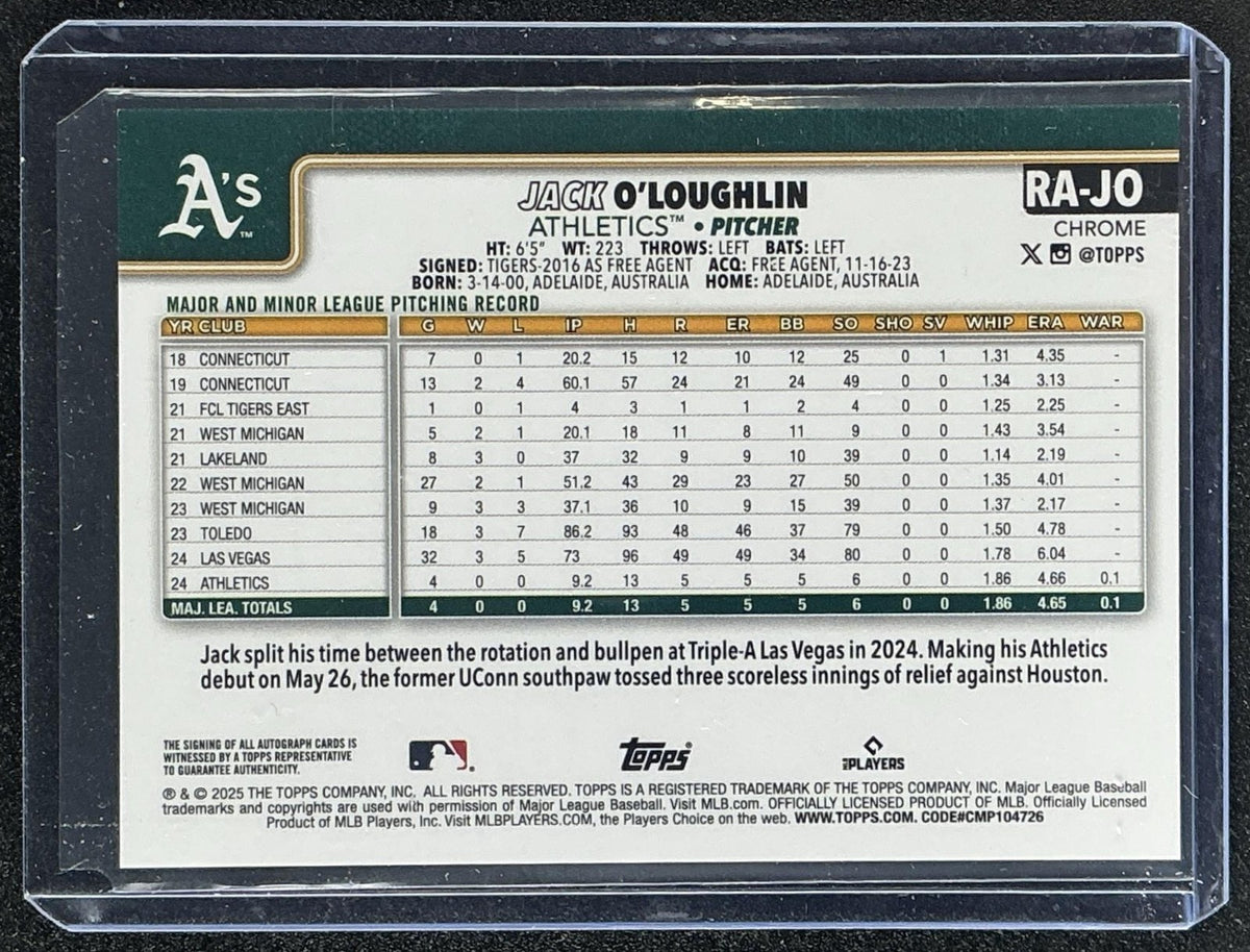 JACK O'LOUGHLIN 2025 TOPPS CHROME #RA-JO ROOKIE AUTO RC ATHLETICS