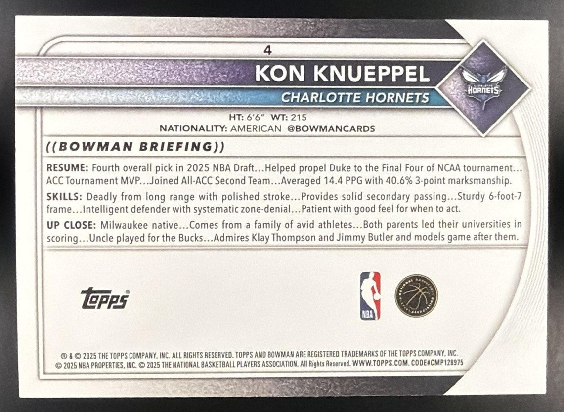 KON KNUEPPEL 2025-26 BOWMAN #4 RC HORNETS