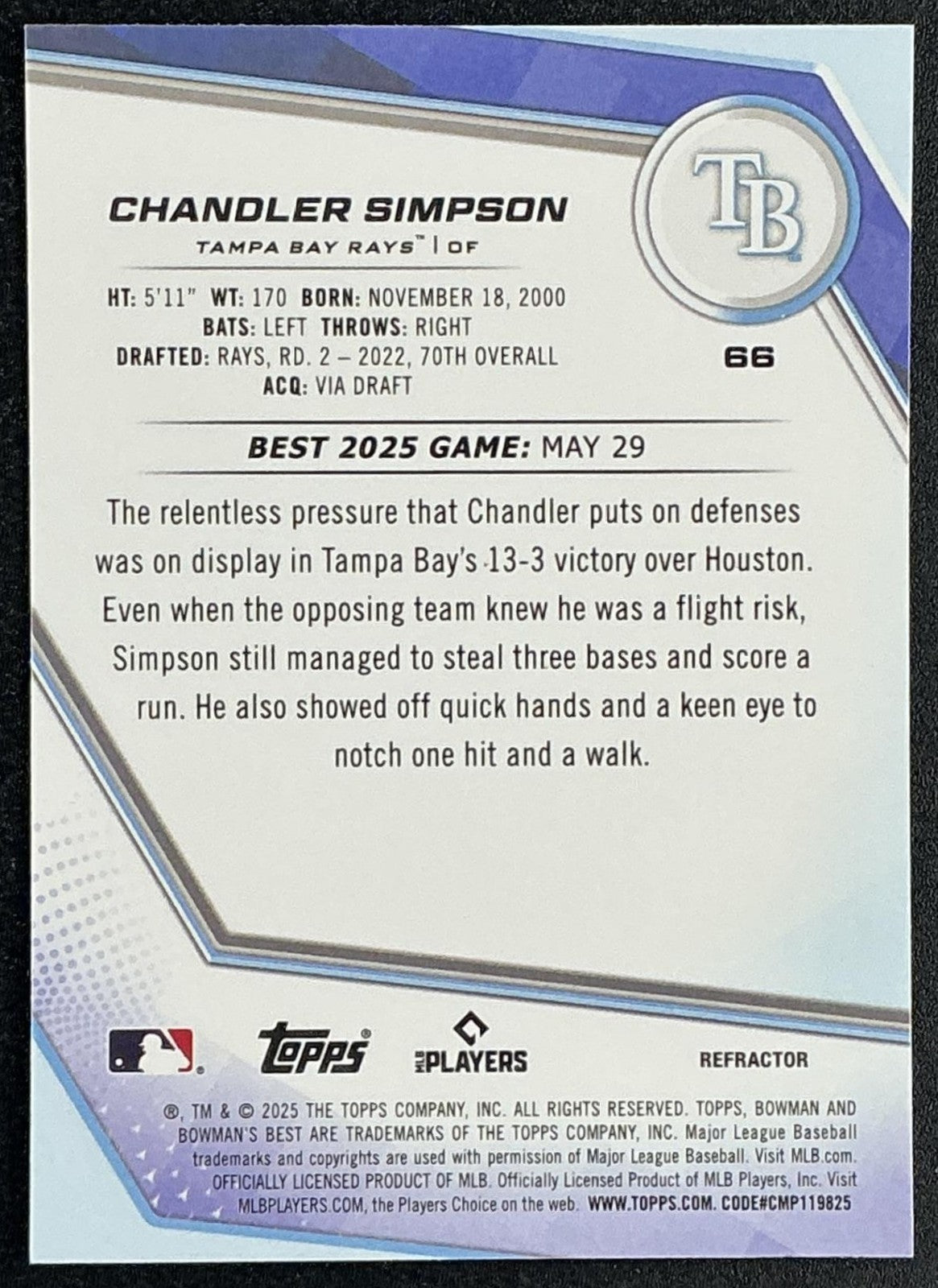 CHANDLER SIMPSON 2025 BOWMAN'S BEST #66 REFRACTOR RC RAYS