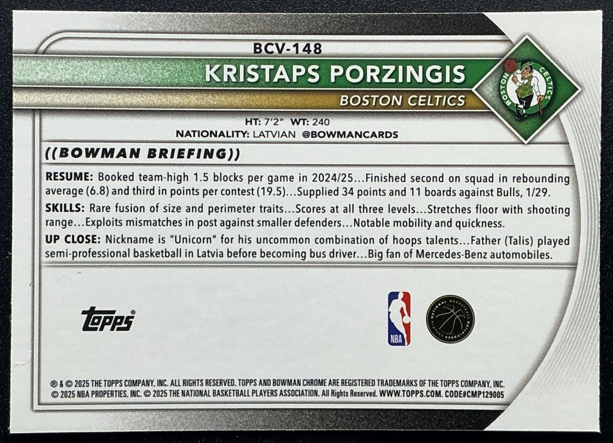 KRISTAPS PORZINGIS 2025-26 BOWMAN #BCV-148 CHROME REPTILIAN REFRACTOR CELTICS