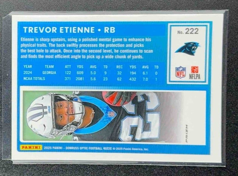 2025 Panini Donruss Optic Trevor Etienne #222 Rated Rookie Blue Hyper Prizm