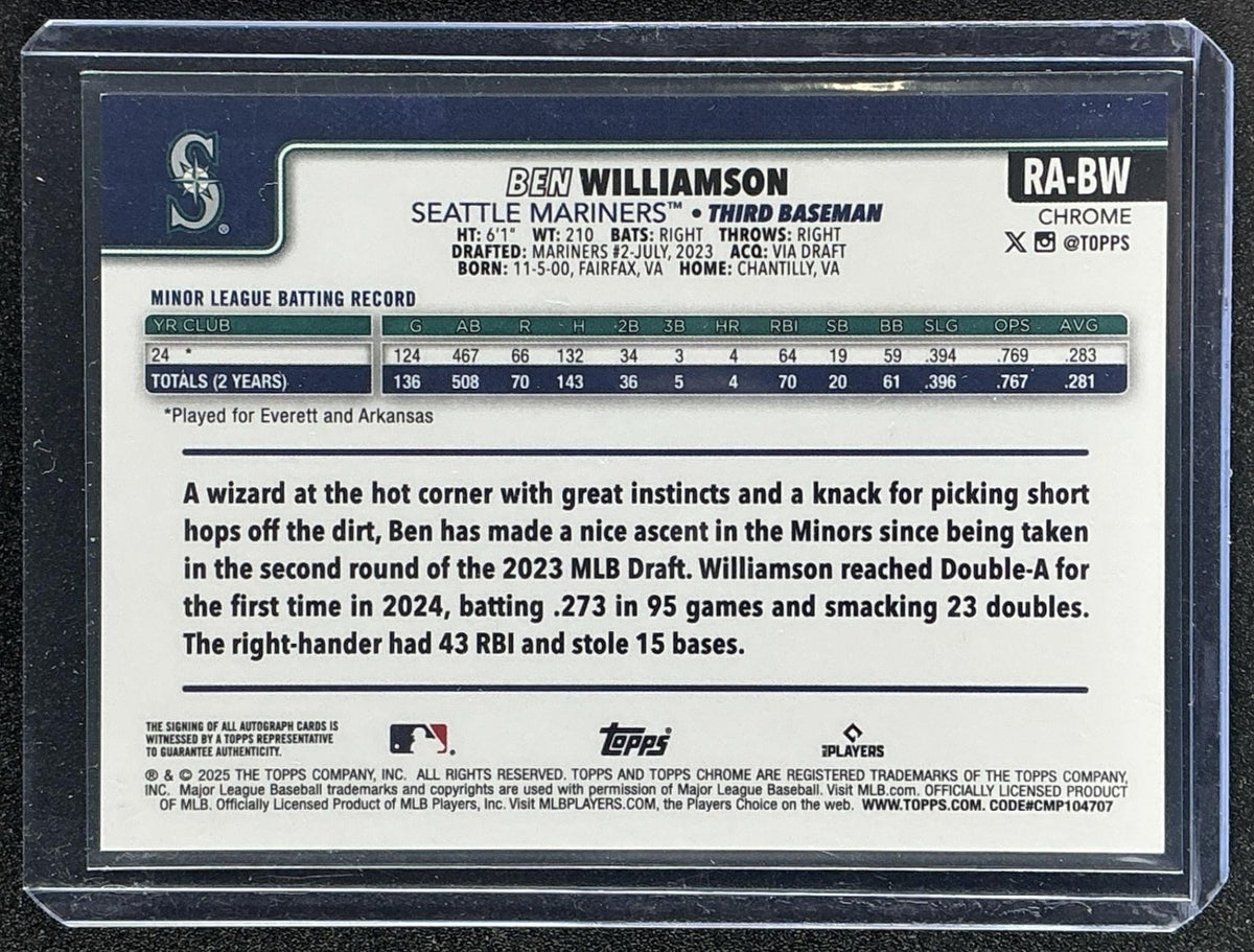 2025 Topps Chrome Update Ben Williamson Auto Autograph RC Rookie #RA-BW Mariners