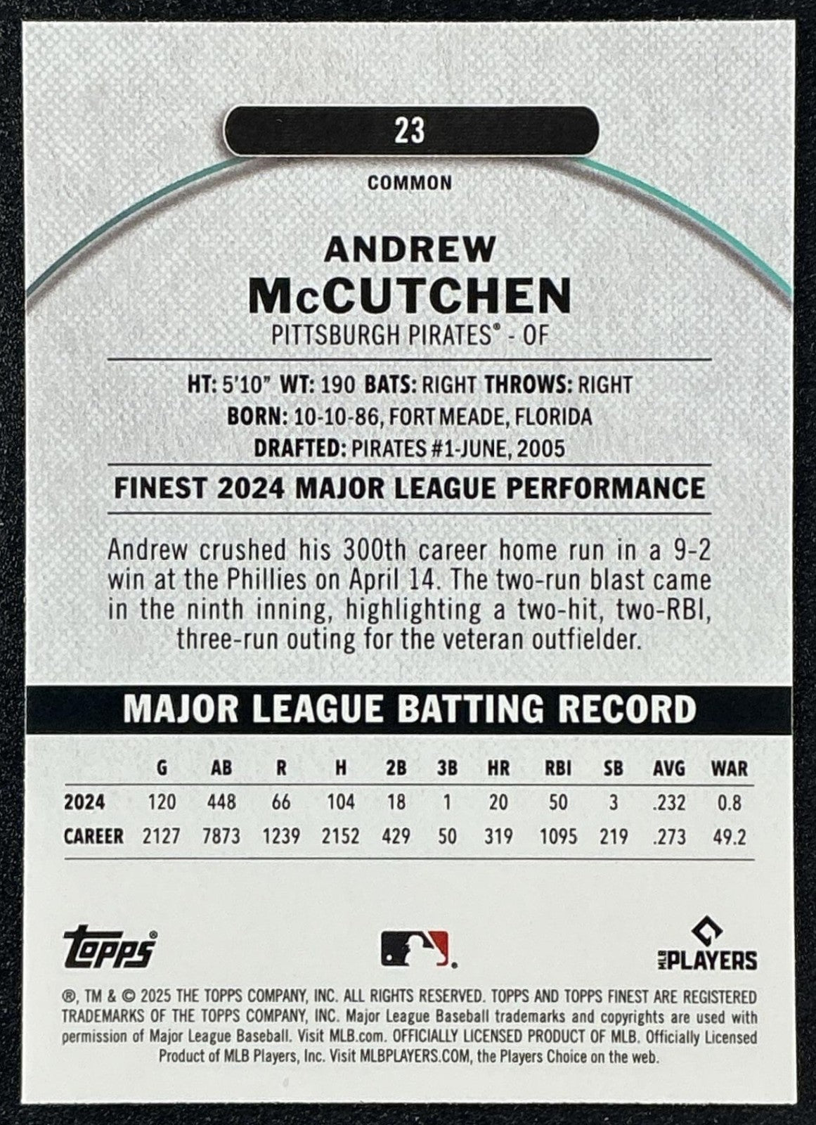 ANDREW MCCUTCHEN 2025 TOPPS FINEST #23 COMMON X-FRACTOR PIRATES
