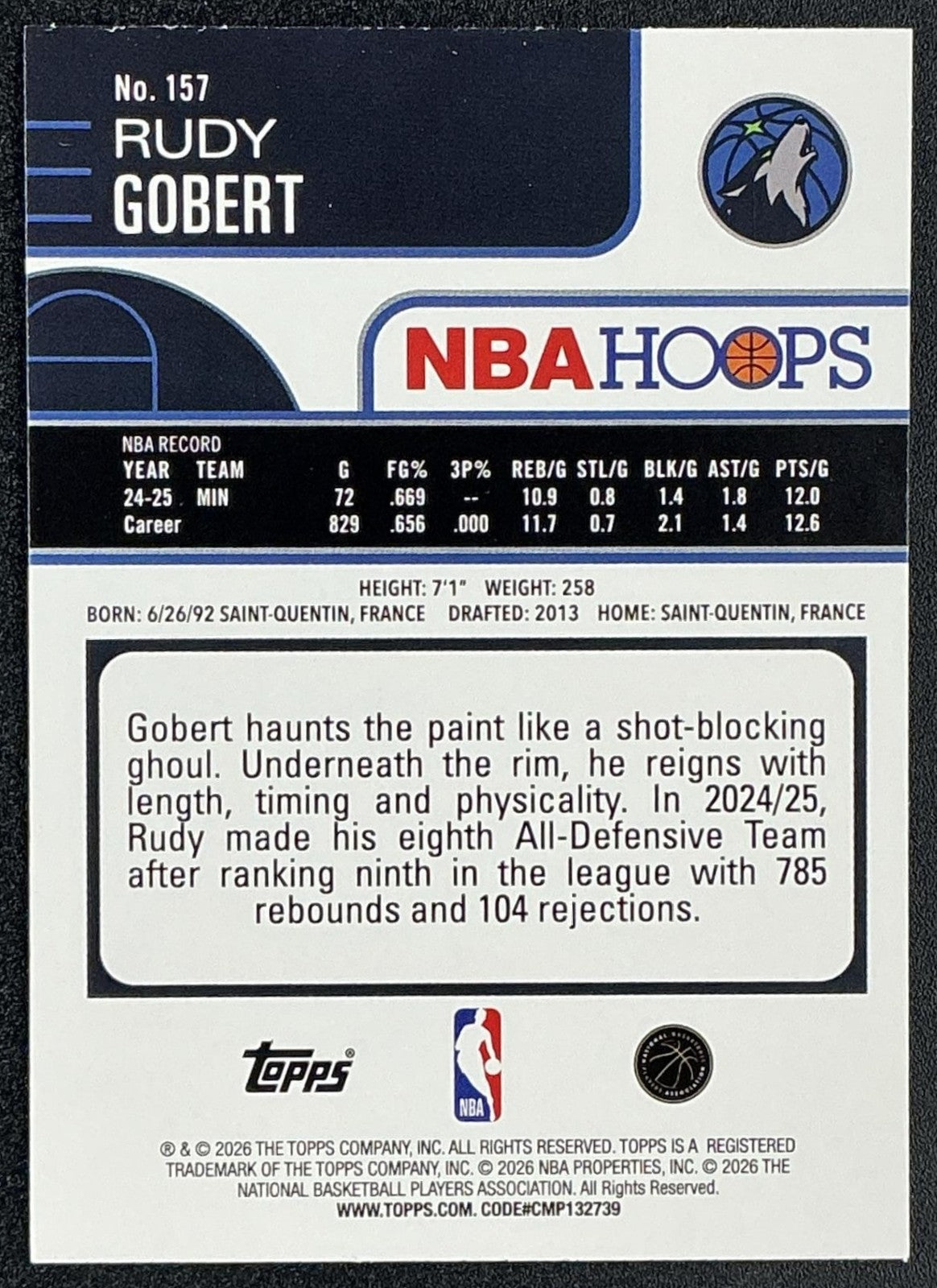 RUDY GOBERT 2025-26 TOPPS HOOPS #157 LIGHT BURST TIMBERWOLVES