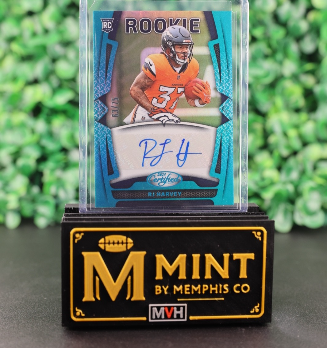 RJ HARVEY 2025 PANINI CERTIFIED BLUE AUTO RC /75 DENVER BRONCOS