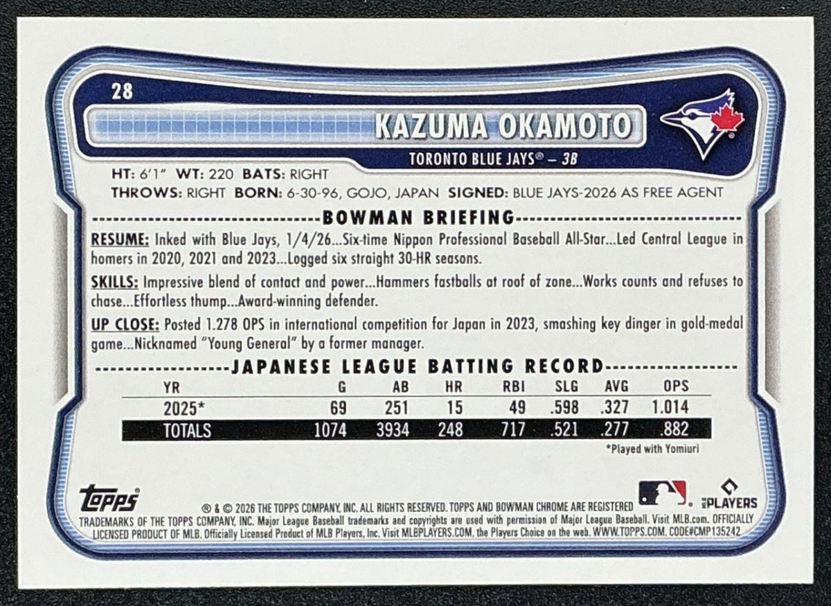 KAZUMA OKAMOTO 2026 BOWMAN #28 RC BLUE JAYS