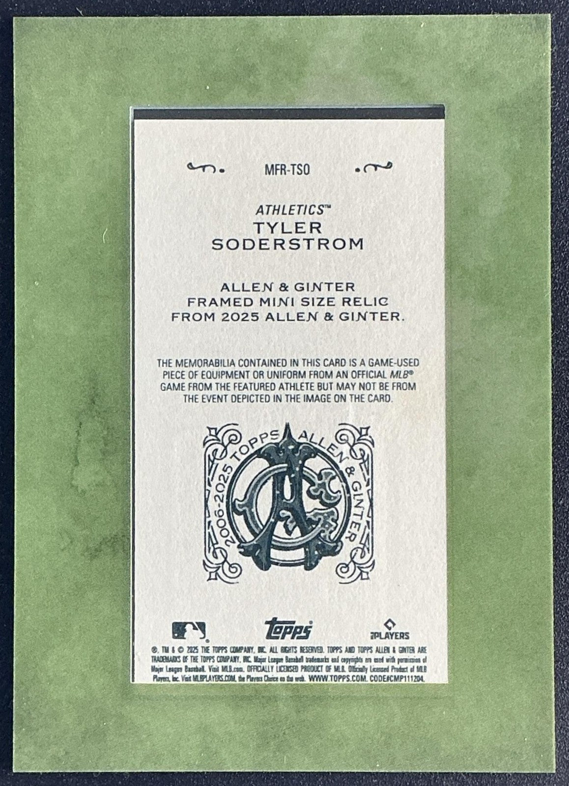 TYLER SODERSTROM 2025 TOPPS ALLEN & GINTER #MFR-TSO MINI FRAMED RELICS ATHLETICS