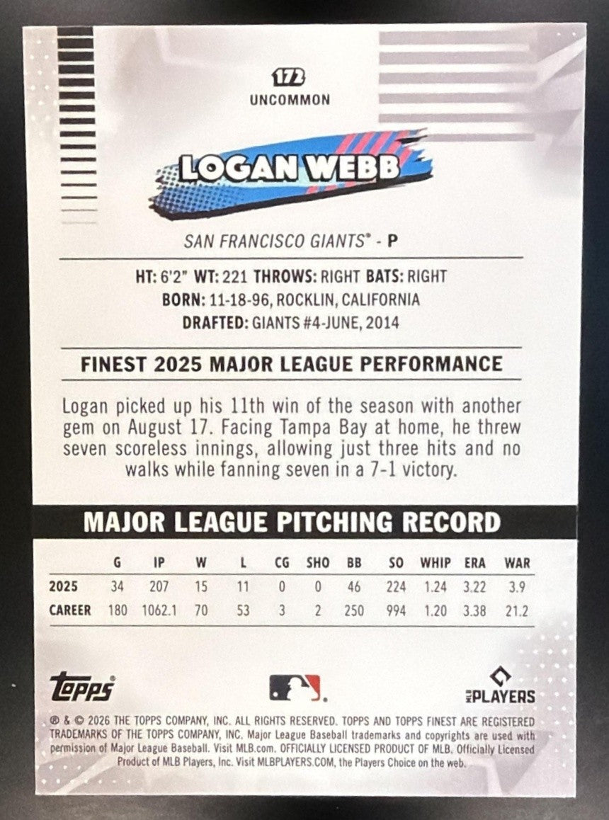 LOGAN WEBB 2026 TOPPS FINEST #172 UNCOMMON GIANTS
