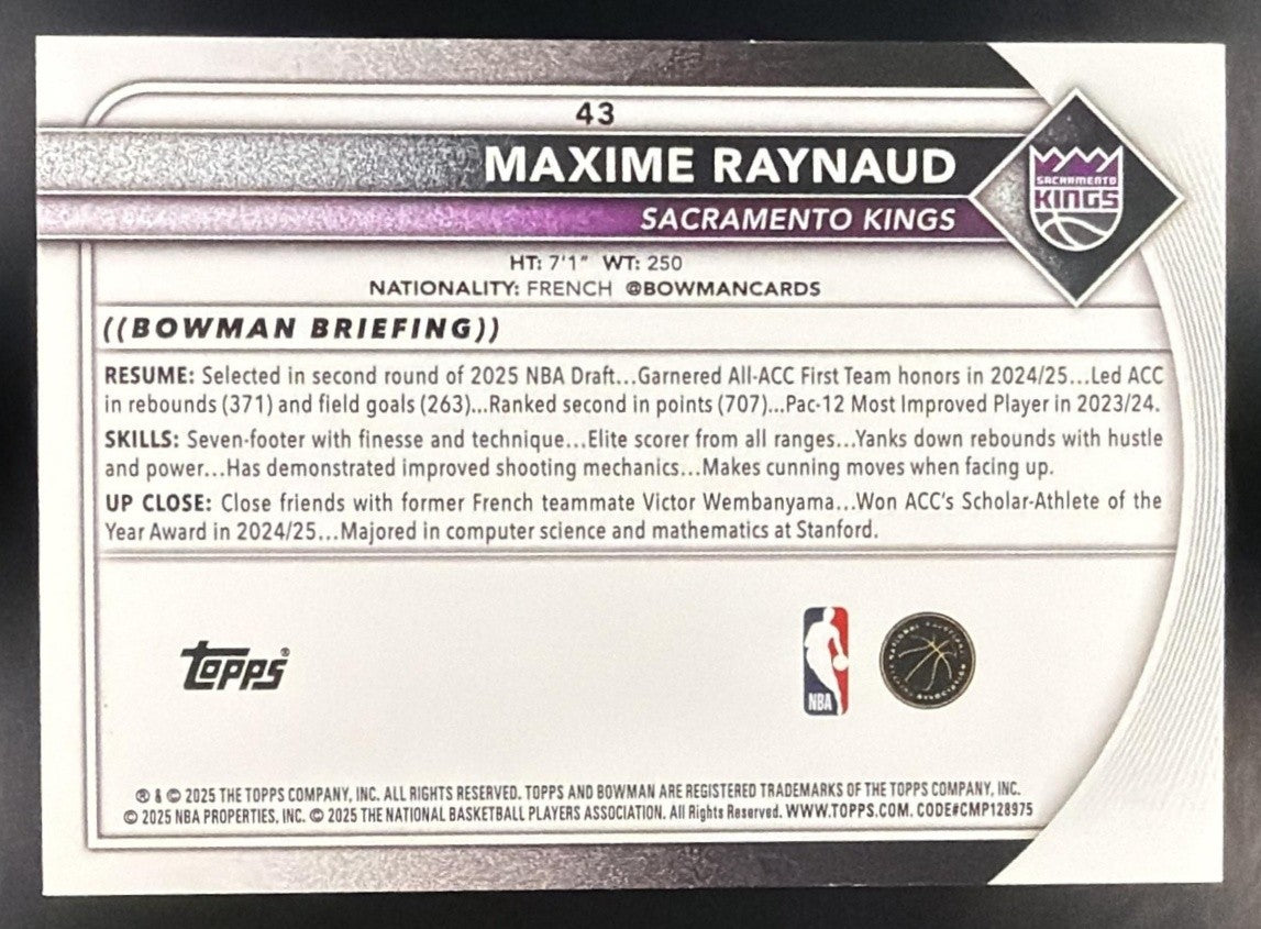 MAXIME RAYNAUD 2025-26 BOWMAN #43 BLACK PATTERN BORDER /10 RC KINGS