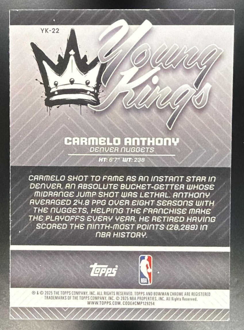 CARMELO ANTHONY 2025-26 BOWMAN #YK-22 CHROME YOUNG KINGS NUGGETS