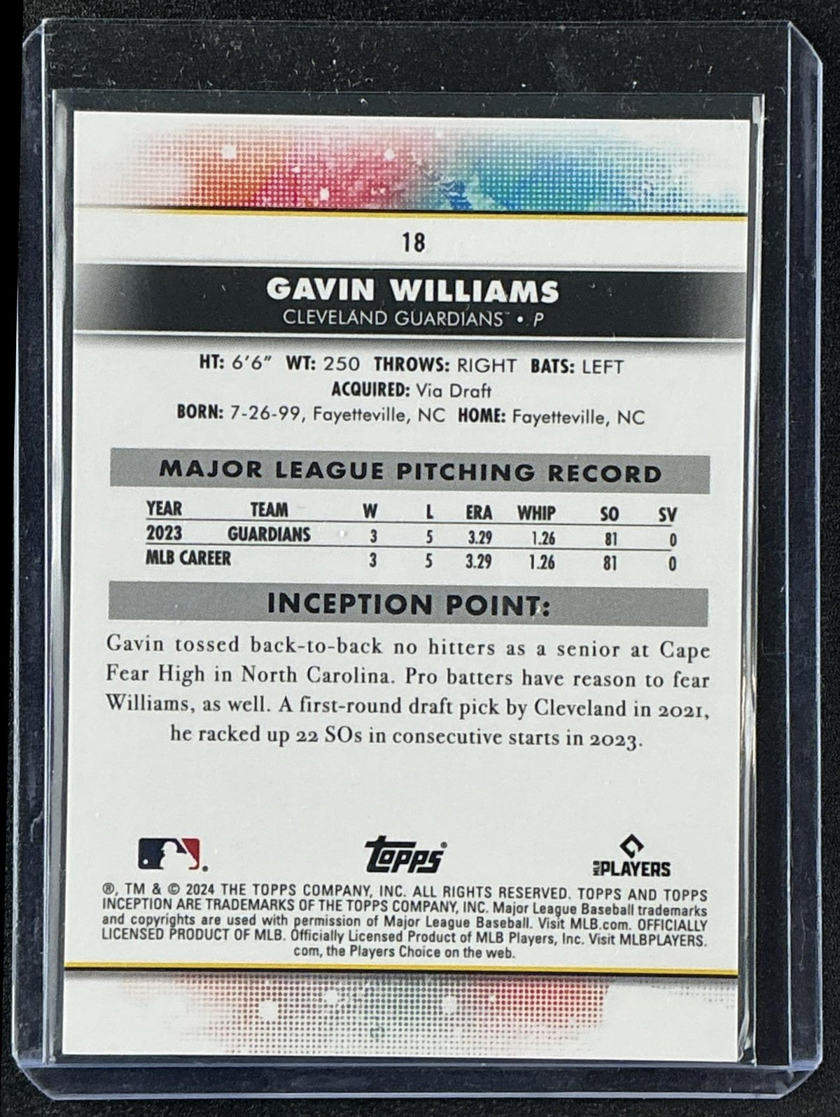 GAVIN WILLIAMS 2024 TOPPS INCEPTION #18 RC GUARDIANS