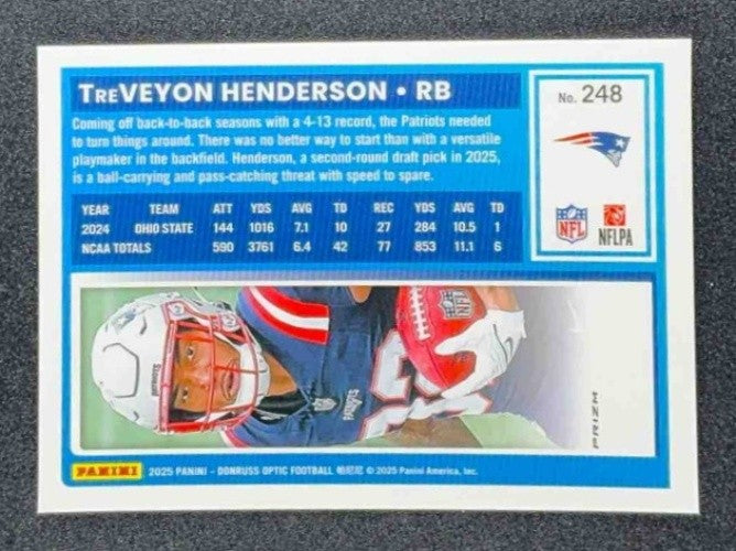 2025 Panini Donruss Optic TreVeyon Henderson #248 Rated Rookie Blue Hyper Prizm
