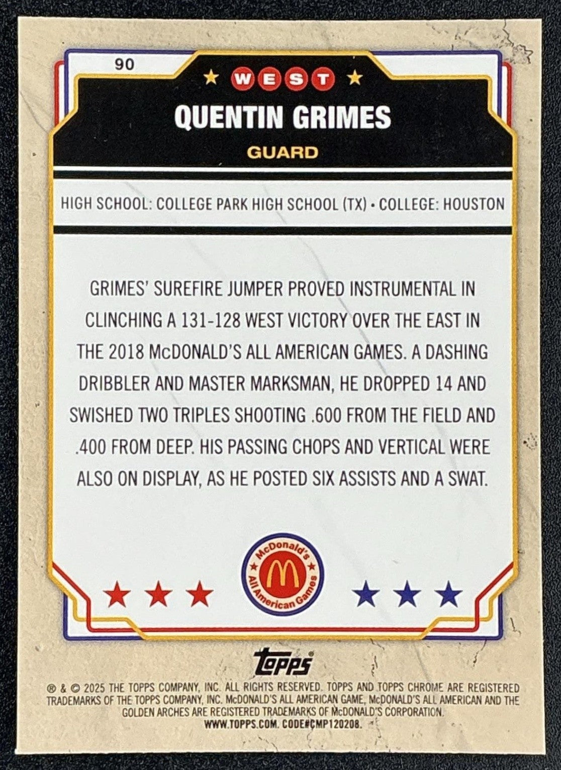 QUENTIN GRIMES 2025 TOPPS CHROME MCDONALD'S ALL-AMERICAN #90 MCFLURRY REFRACTOR