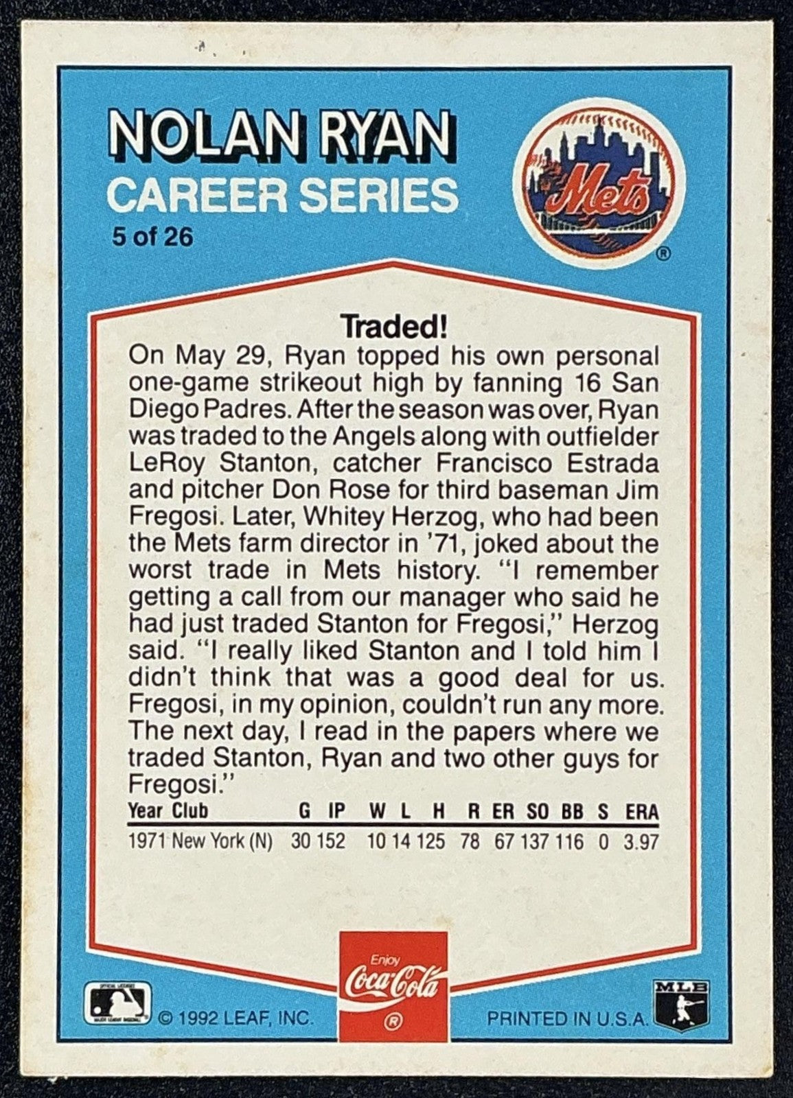 NOLAN RYAN 1992 DONRUSS COCA-COLA #5 METS