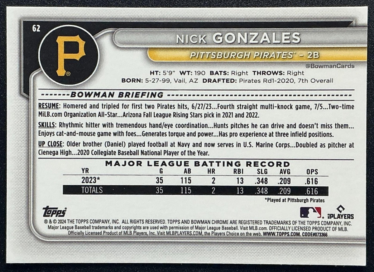NICK GONZALES 2024 BOWMAN MEGA BOX #62 MOJO REFRACTOR PIRATES