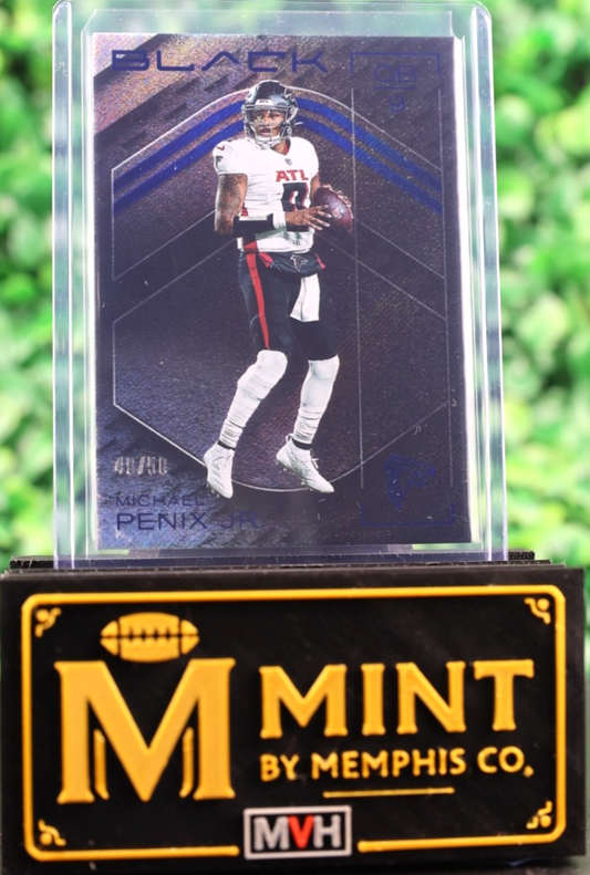 MICHAEL PENIX JR. 2025 PANINI BLACK #25 BLUE SAPPHIRE /50 ATLANTA FALCONS SSP