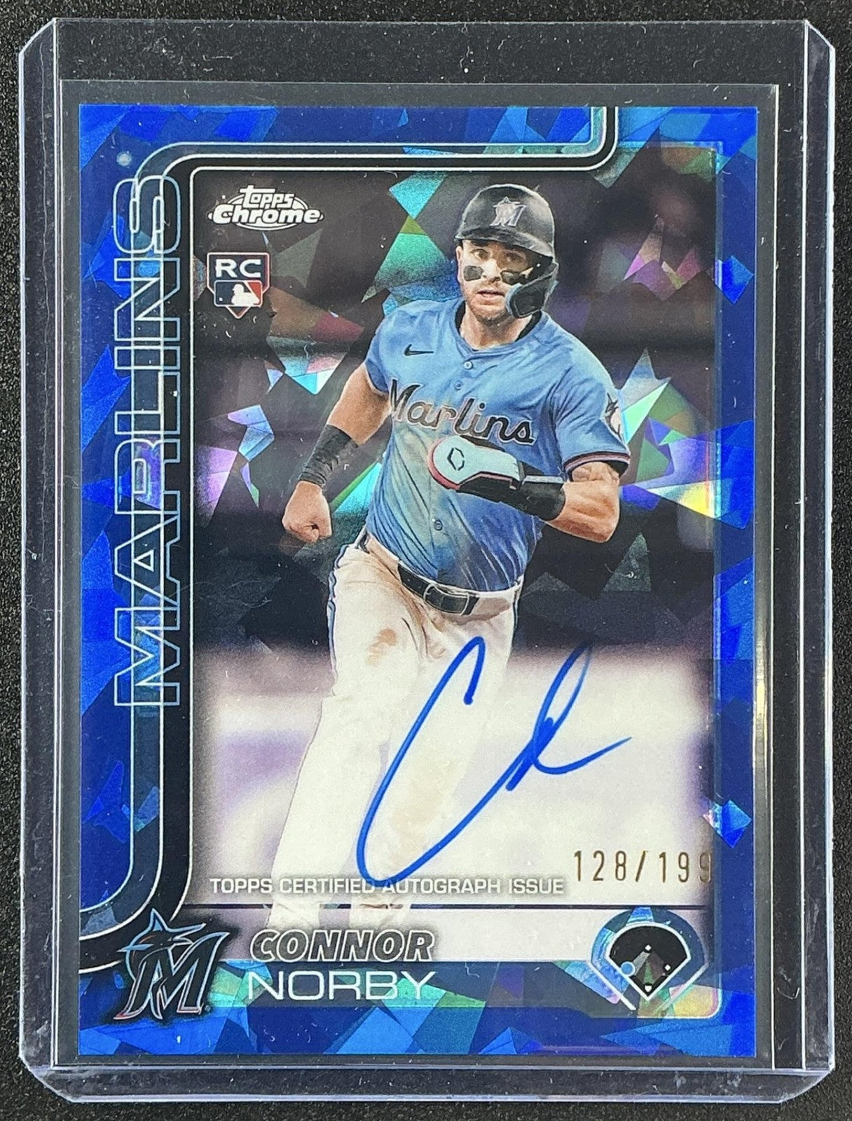 CONNOR NORBY 2025 TOPPS CHROME UPDATE SAPPHIRE #USA-CN AUTO 128/199 RC MARLINS