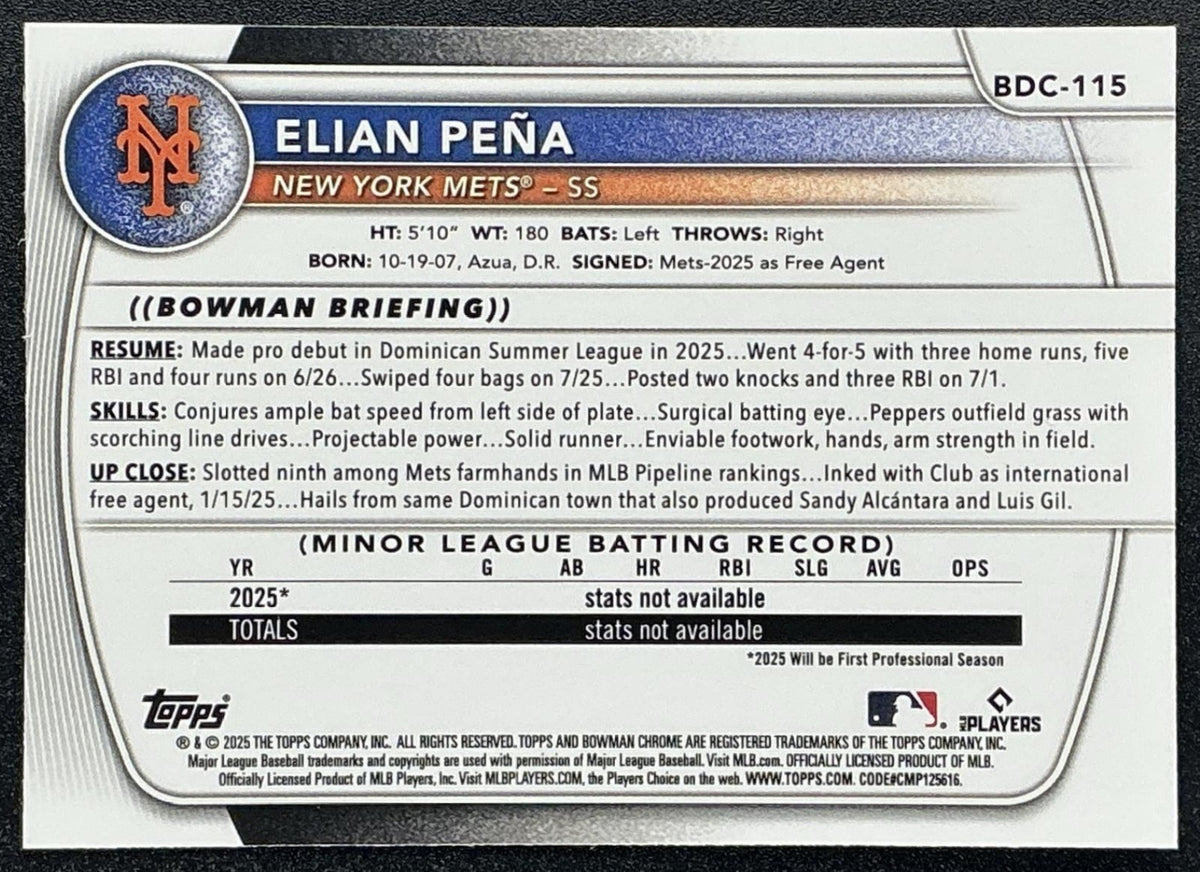 ELIAN PENA 2025 BOWMAN DRAFT #BDC-115 CHROME MOJO REFRACTOR METS