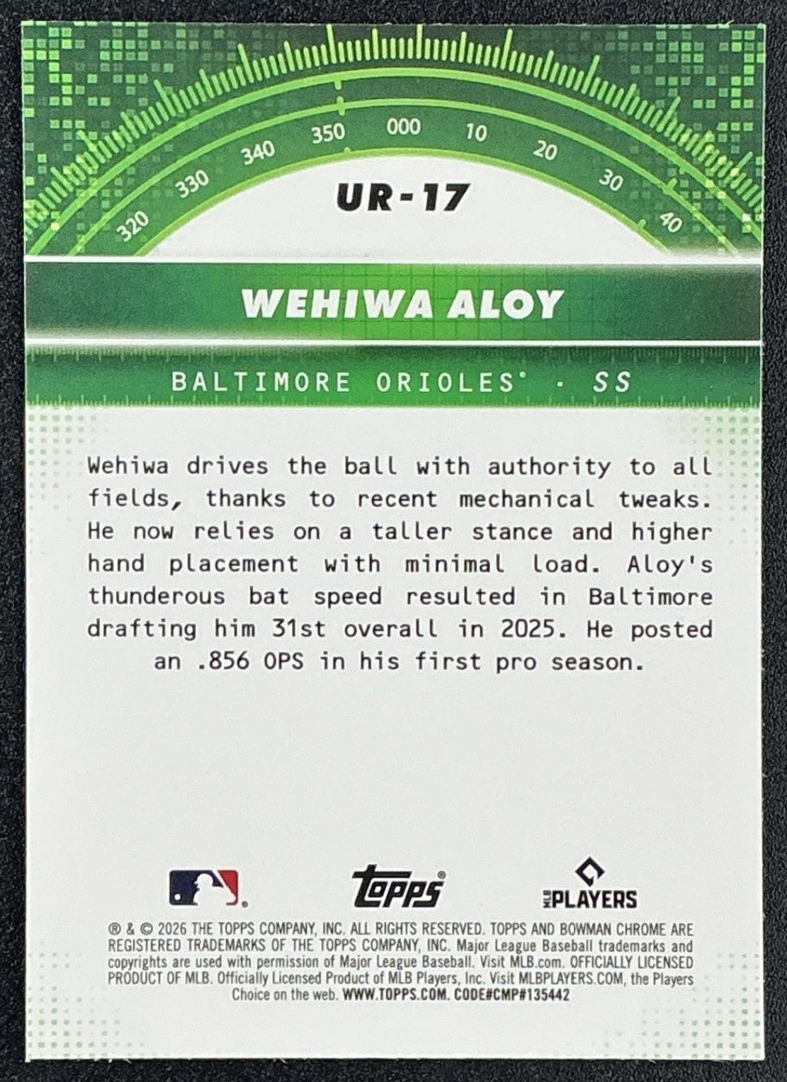 WEHIWA ALOY 2026 BOWMAN #UR-17 UNDER THE RADAR CHROME ORIOLES