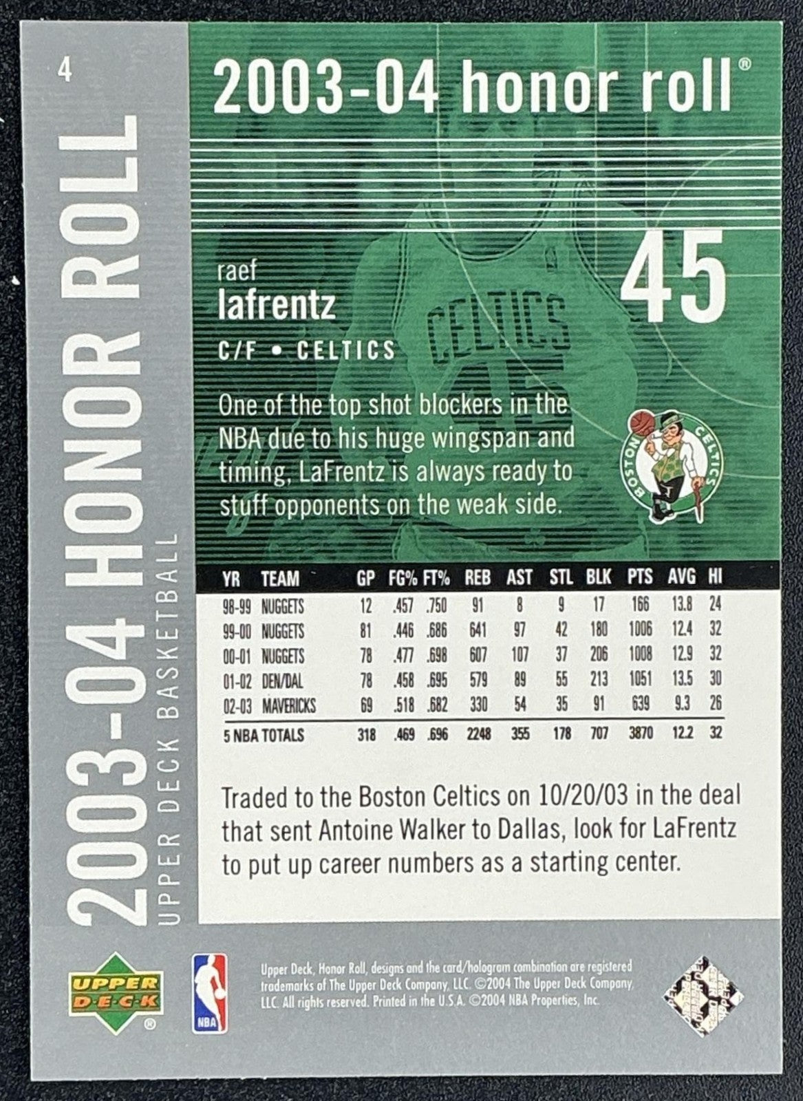 RAEF LAFRENTZ 2003-04 UPPER DECK HONOR ROLL #4 CELTICS