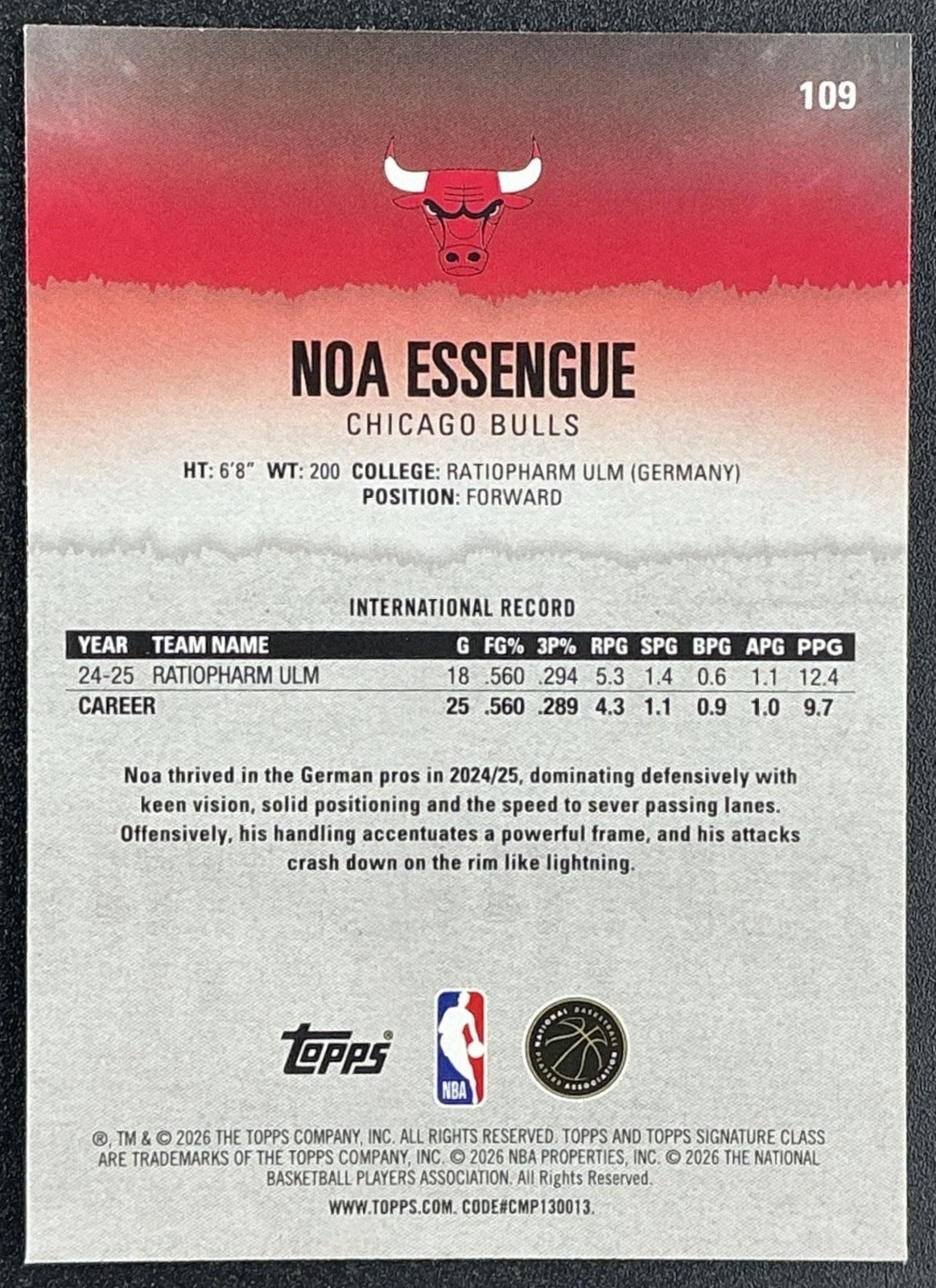 NOA ESSENGUE 2025-26 TOPPS SIGNATURE CLASS #109 CHROME ROOKIE RC BULLS