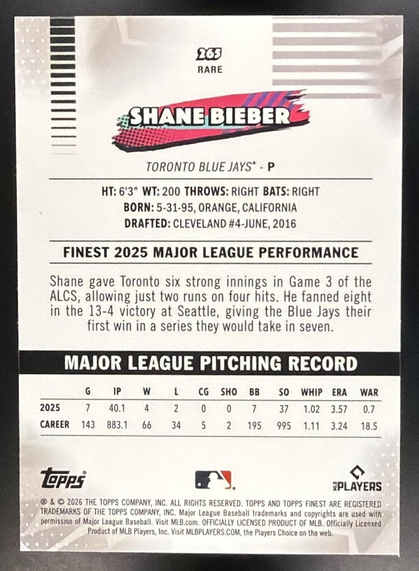 SHANE BIEBER 2026 TOPPS FINEST #265 RARE BLUE JAYS