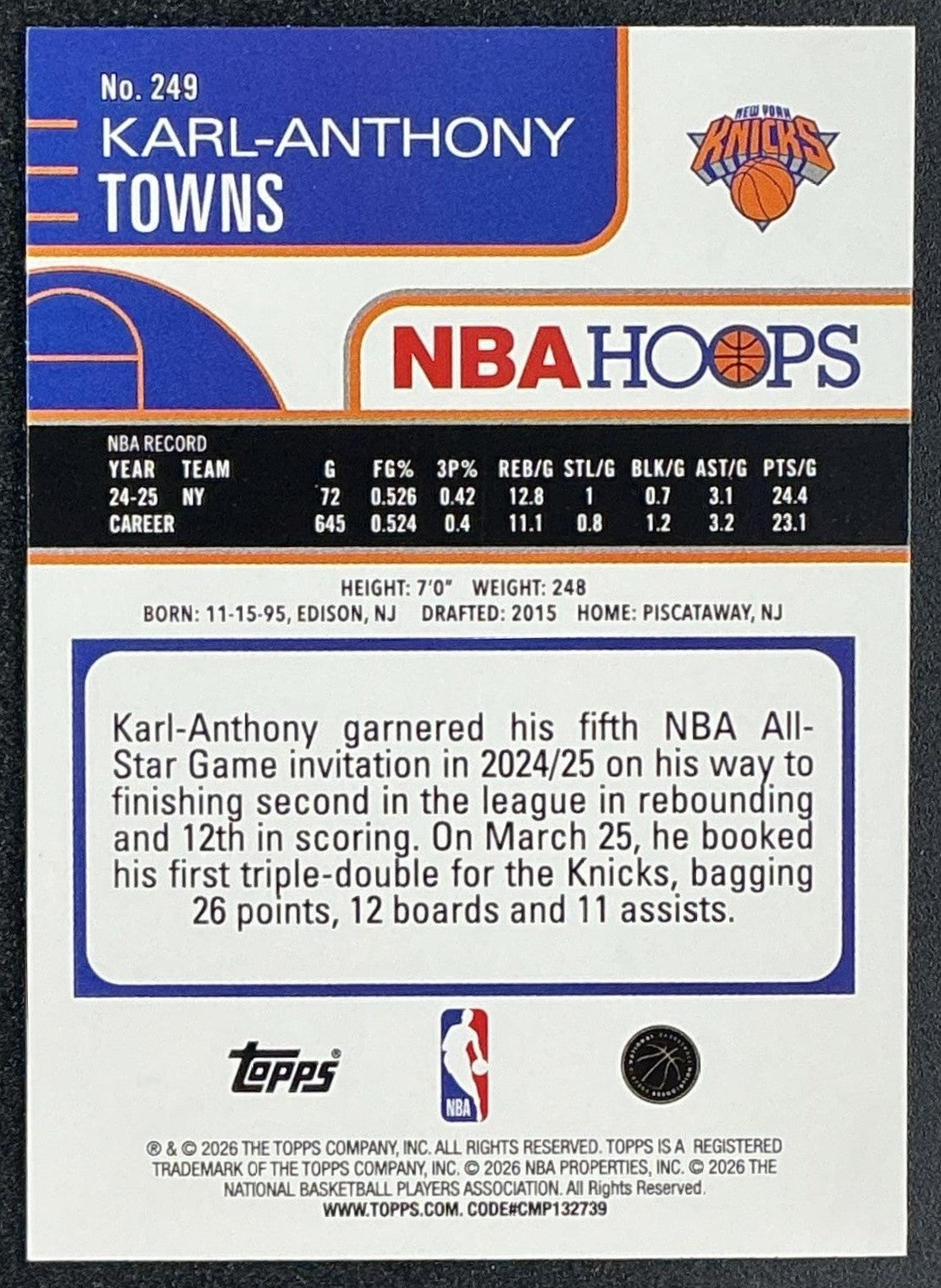 KARL-ANTHONY TOWNS 2025-26 TOPPS HOOPS #249 RAINBOW FOIL KNICKS