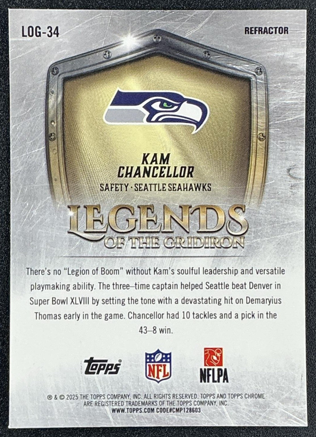 2025 Topps Chrome Kam Chancellor #LOG-34 Legends of the Gridiron Refractor