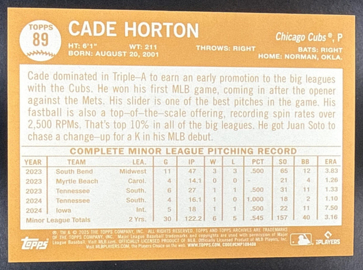 CADE HORTON 2025 TOPPS ARCHIVES #89 1964 DESIGN BLUE FOILBOARD 15/25 RC CUBS SSP