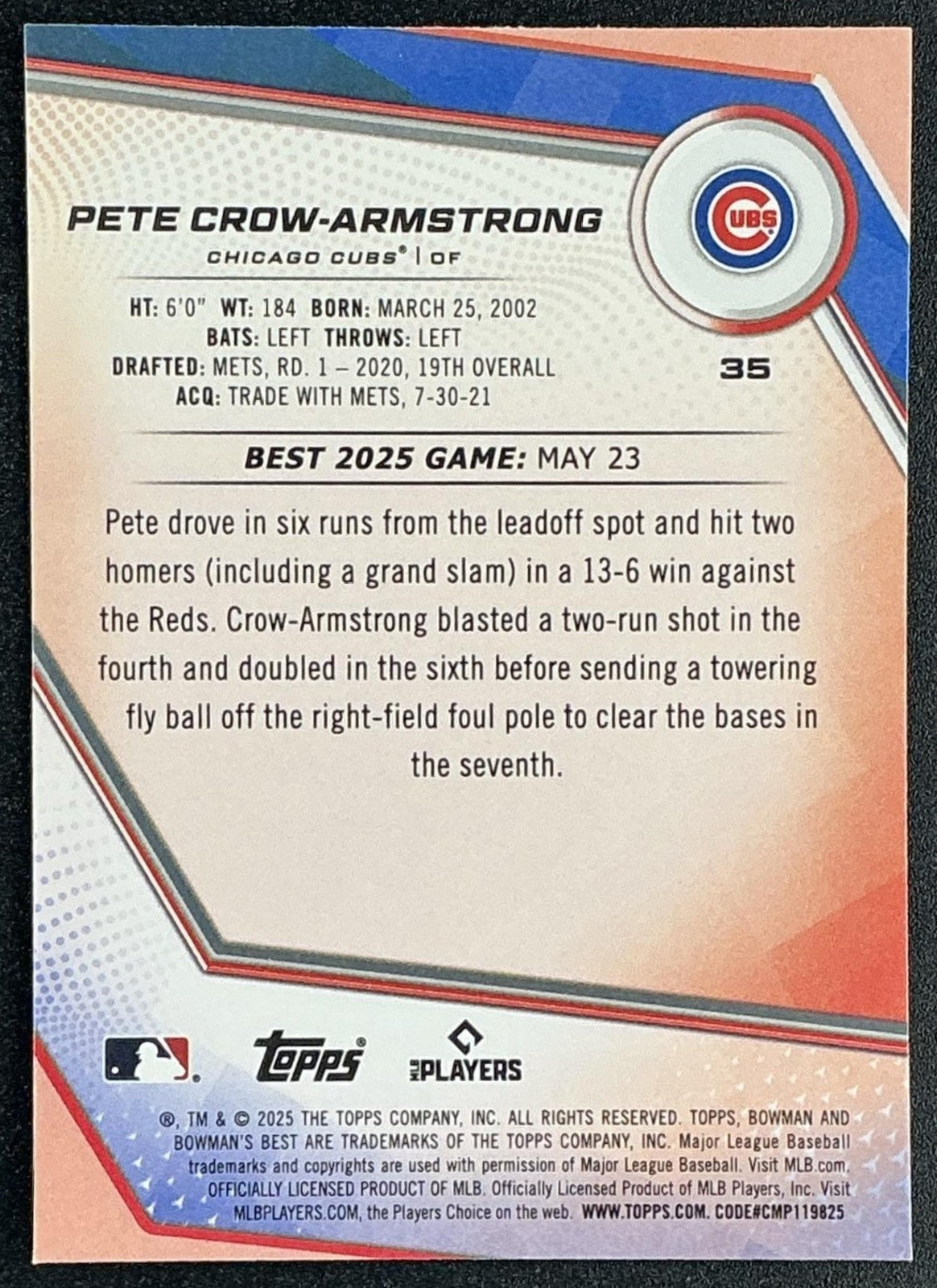 PETE CROW-ARMSTRONG 2025 BOWMAN'S BEST #35 CUBS