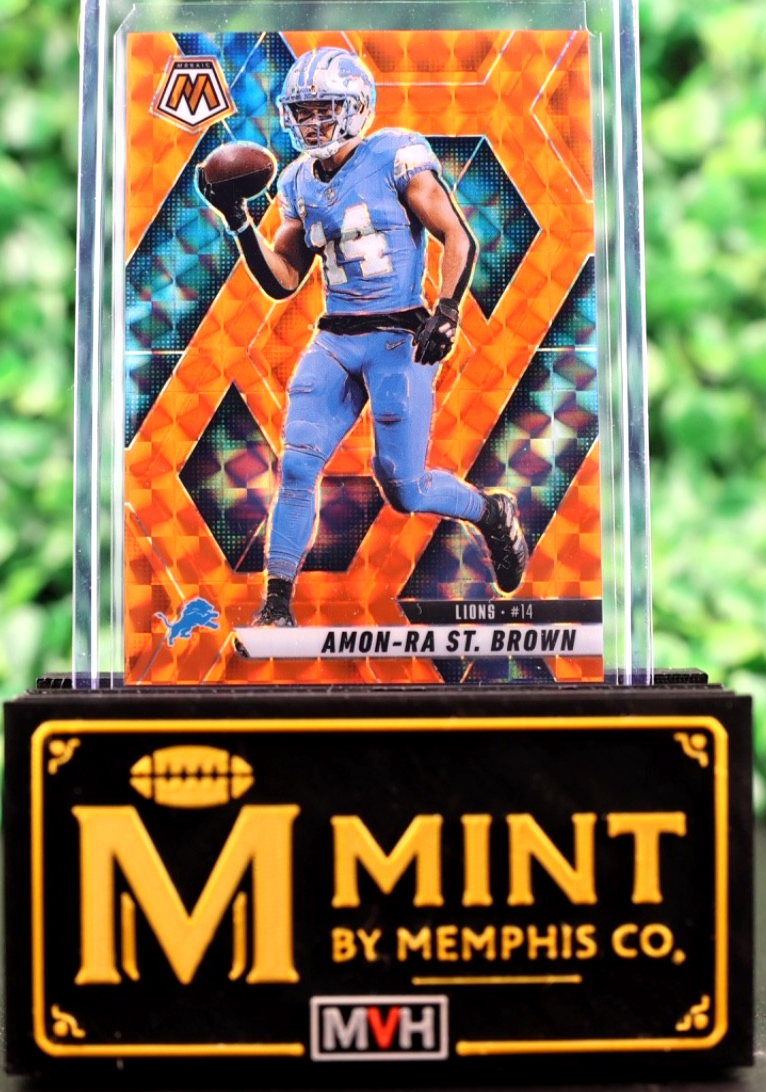 Amon St. Brown 2025 Panini Mosaic FOTL Orange FLUORESCENT /25 SSP Lions