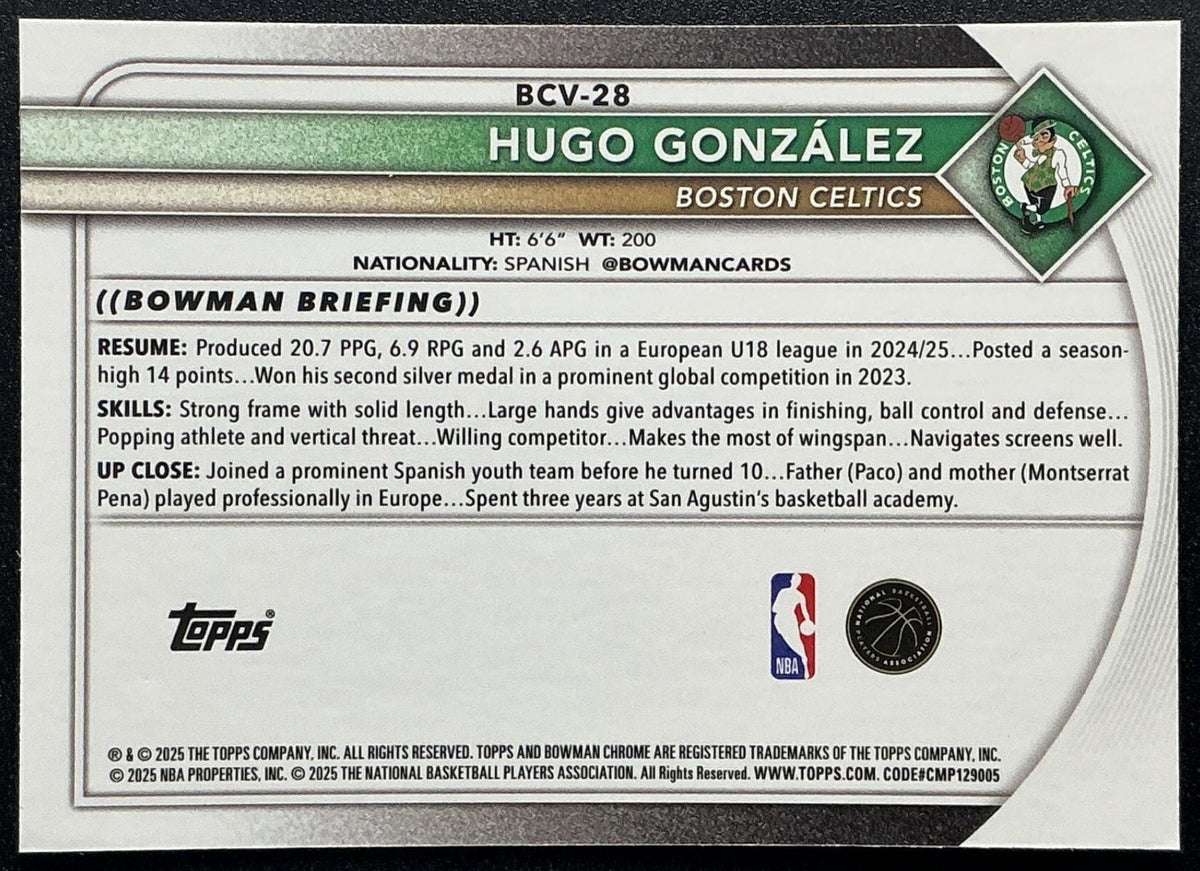 HUGO GONZA?LEZ 2025-26 BOWMAN #BCV-28 CHROME CELTICS