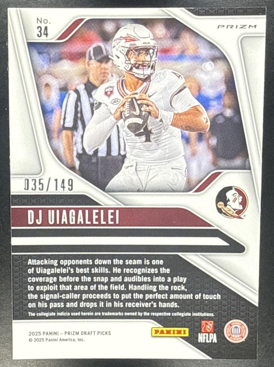 DJ UIAGALELEI 2025 PANINI PRIZM DRAFT PICKS #34 BLUE ICE 35/149 RC SEMINOLES